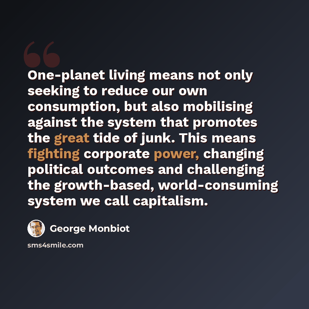 “One-planet living means not only seeking to reduce our own consumption, but also mobilising against the system that promotes the great tide of junk. This means fighting corporate power, changing political outcomes and challenging the growth-based, world-consuming system we call capitalism.” quote by George Monbiot