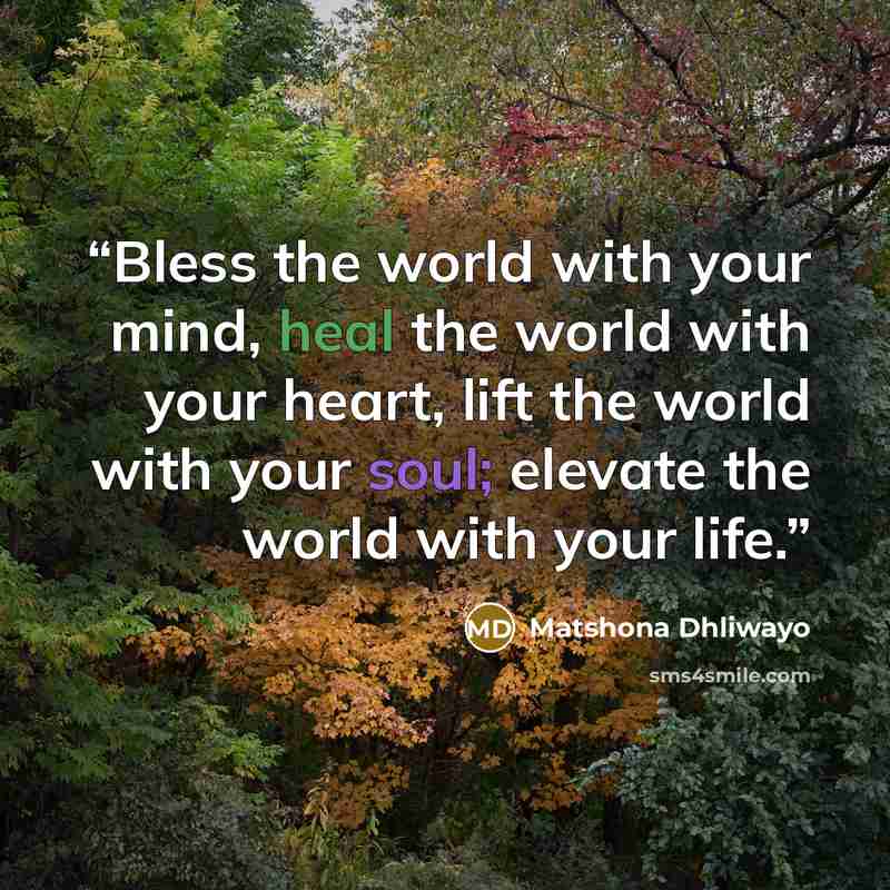 “Bless the world with your mind, heal the world with your heart, lift the world with your soul; elevate the world with your life.” quote by Matshona Dhliwayo