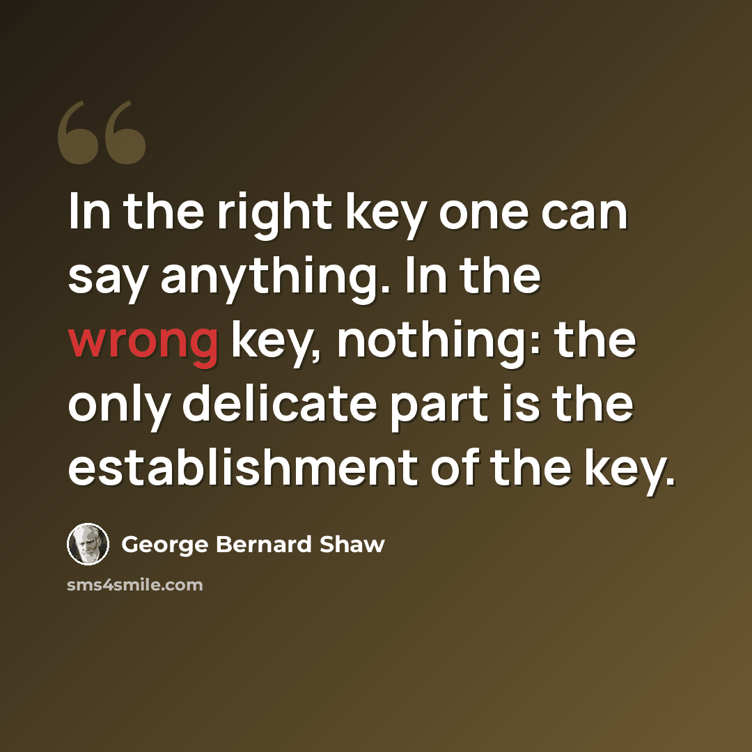 “In the right key one can say anything. In the wrong key, nothing: the only delicate part is the establishment of the key.” quote by George Bernard Shaw