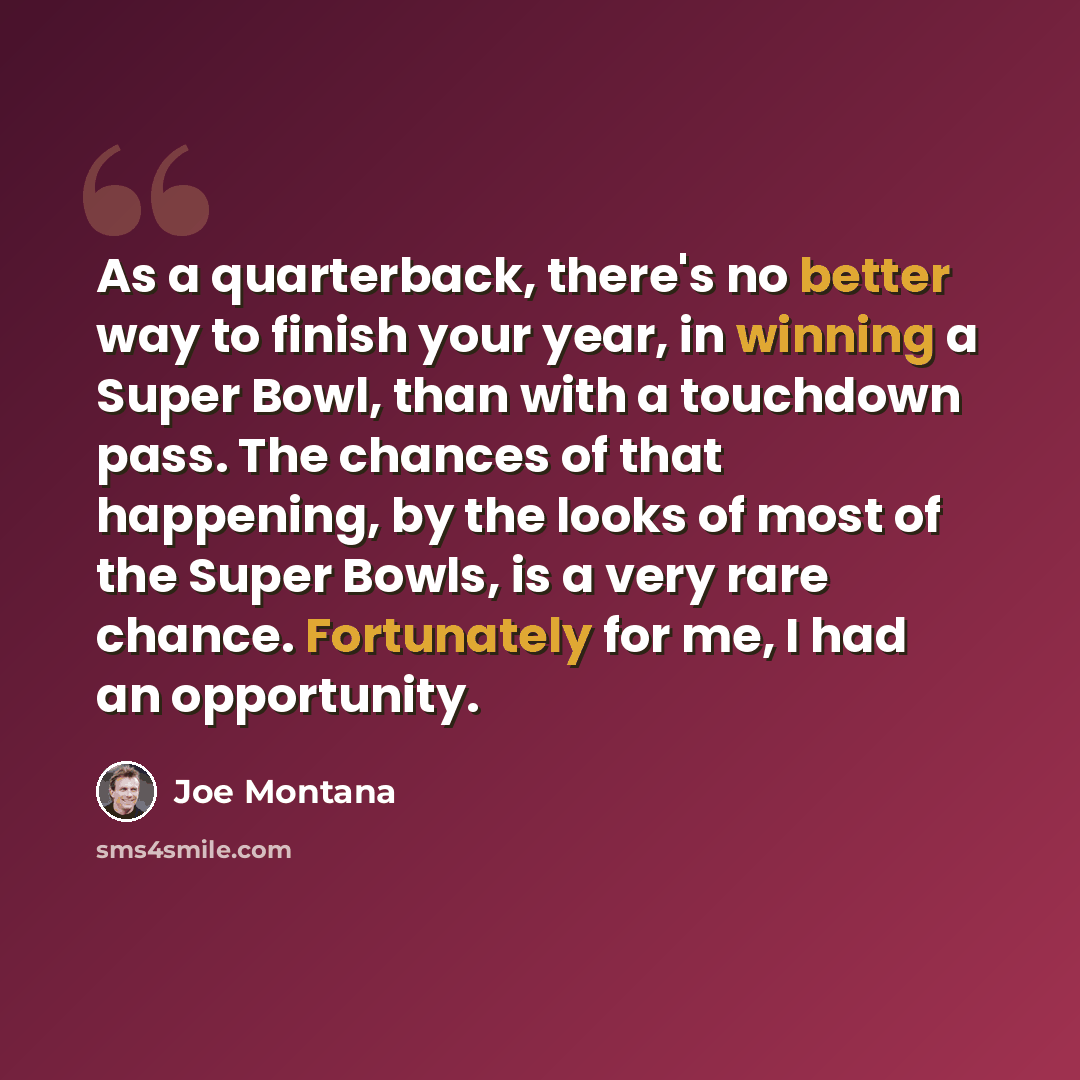 “As a quarterback, there's no better way to finish your year, in winning a Super Bowl, than with a touchdown pass. The chances of that happening, by the looks of most of the Super Bowls, is a very rare chance. Fortunately for me, I had an opportunity.” quote by Joe Montana