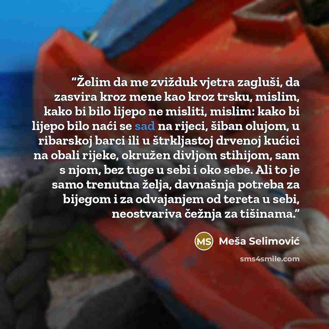 “Želim da me zvižduk vjetra zagluši, da zasvira kroz mene kao kroz trsku, mislim, kako bi bilo lijepo ne misliti, mislim: kako bi lijepo bilo naći se sad na rijeci, šiban olujom, u ribarskoj barci ili u štrkljastoj drvenoj kućici na obali rijeke, okružen divljom stihijom, sam s njom, bez tuge u…” quote by Meša Selimović