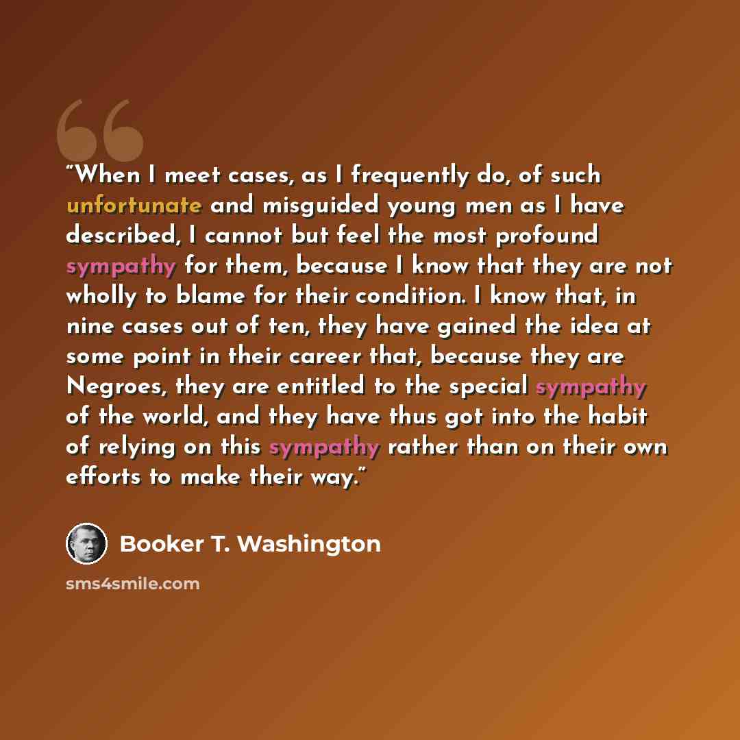 “When I meet cases, as I frequently do, of such unfortunate and misguided young men as I have described, I cannot but feel the most profound sympathy for them, because I know that they are not wholly to blame for their condition. I know that, in nine cases out of ten, they have gained the idea at…” quote by Booker T. Washington