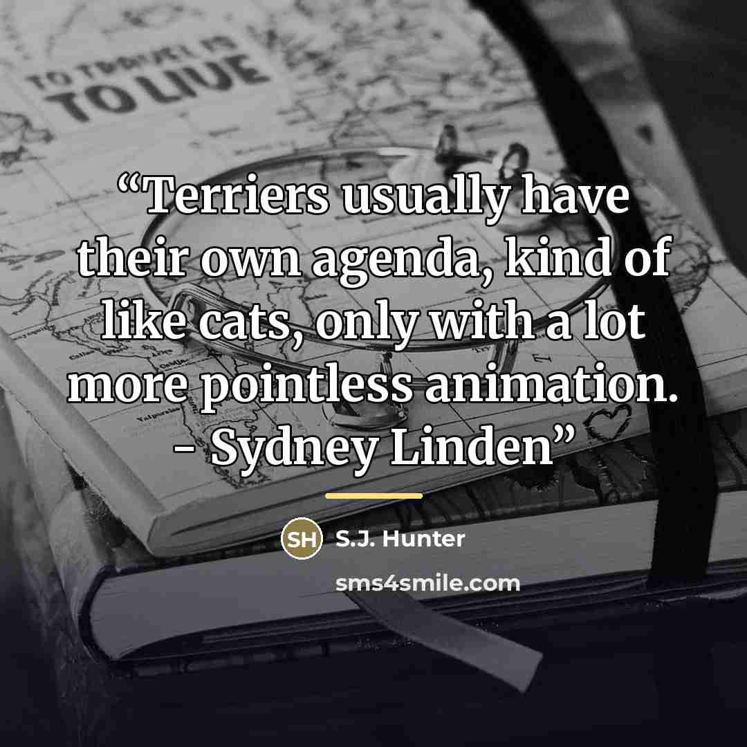 “Terriers usually have their own agenda, kind of like cats, only with a lot more pointless animation. - Sydney Linden” quote by S.J. Hunter