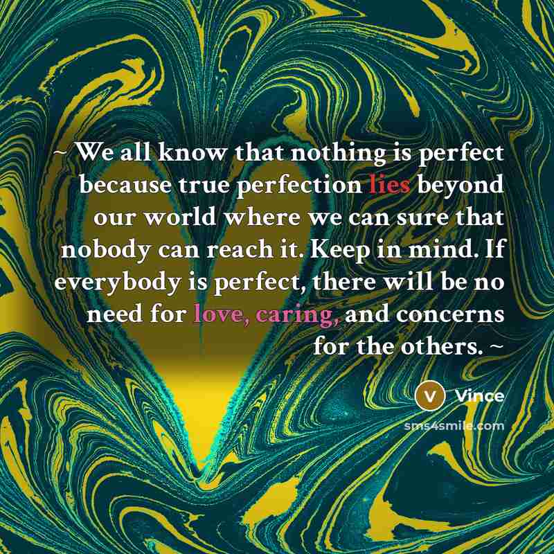“~ We all know that nothing is perfect because true perfection lies beyond our world where we can sure that nobody can reach it. Keep in mind. If everybody is perfect, there will be no need for love, caring, and concerns for the others. ~” quote by Vince