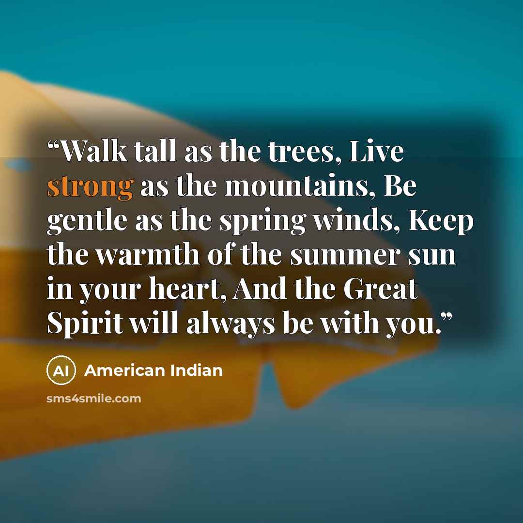 “Walk tall as the trees, Live strong as the mountains, Be gentle as the spring winds, Keep the warmth of the summer sun in your heart, And the Great Spirit will always be with you.” quote by American Indian