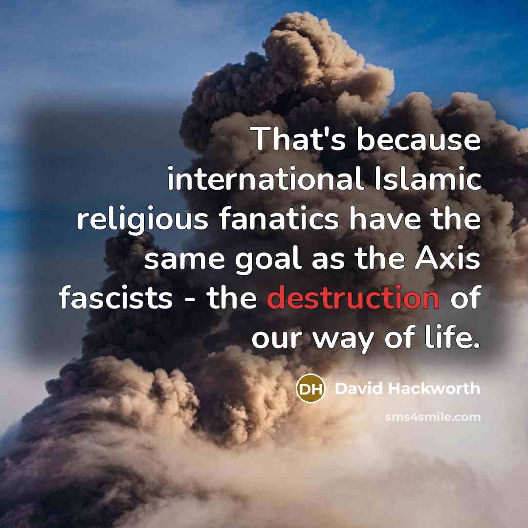 “That's because international Islamic religious fanatics have the same goal as the Axis fascists - the destruction of our way of life.” quote by David Hackworth