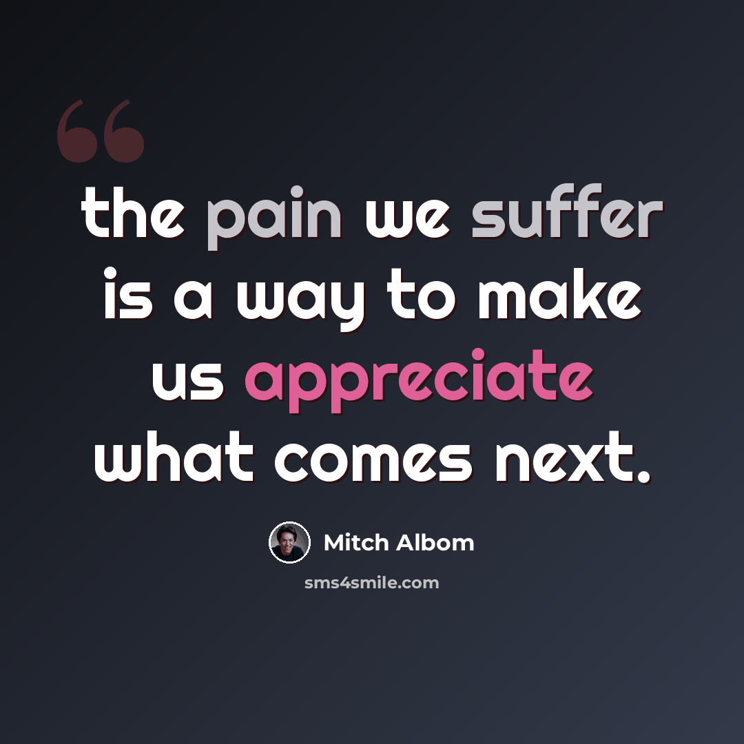 “the pain we suffer is a way to make us appreciate what comes next.” quote by Mitch Albom