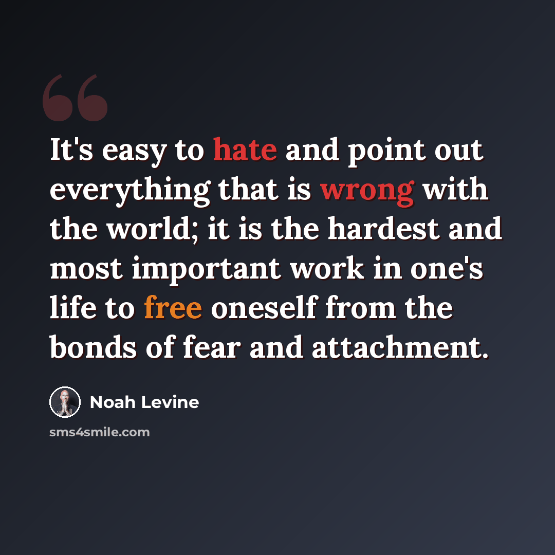 “It's easy to hate and point out everything that is wrong with the world; it is the hardest and most important work in one's life to free oneself from the bonds of fear and attachment.” quote by Noah Levine