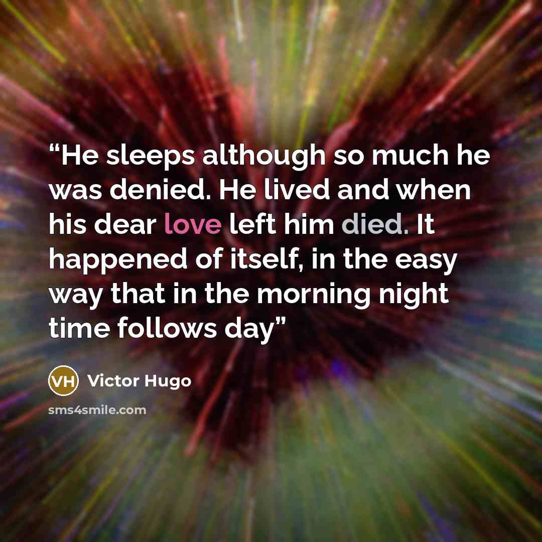 “He sleeps although so much he was denied. He lived and when his dear love left him died. It happened of itself, in the easy way that in the morning night time follows day” quote by Victor Hugo