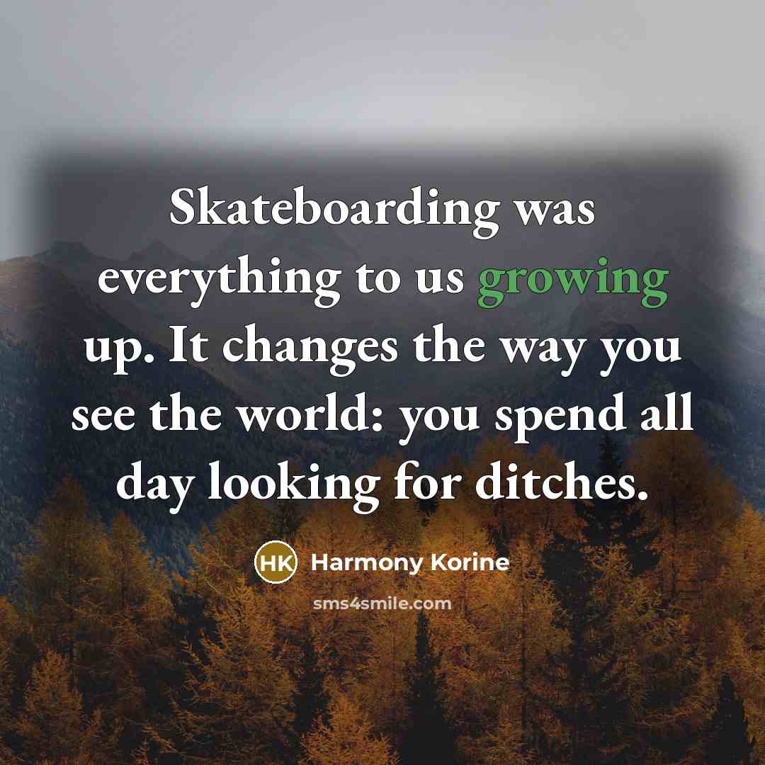 “Skateboarding was everything to us growing up. It changes the way you see the world: you spend all day looking for ditches.” quote by Harmony Korine