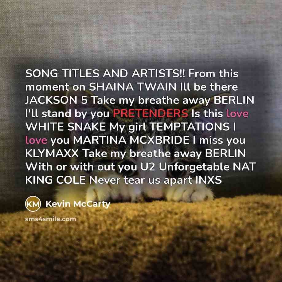 “SONG TITLES AND ARTISTS!! From this moment on SHAINA TWAIN Ill be there JACKSON 5 Take my breathe away BERLIN I'll stand by you PRETENDERS Is this love WHITE SNAKE My girl TEMPTATIONS I love you MARTINA MCXBRIDE I miss you KLYMAXX Take my breathe away BERLIN With or with out you U2 Unforgetable…” quote by Kevin McCarty