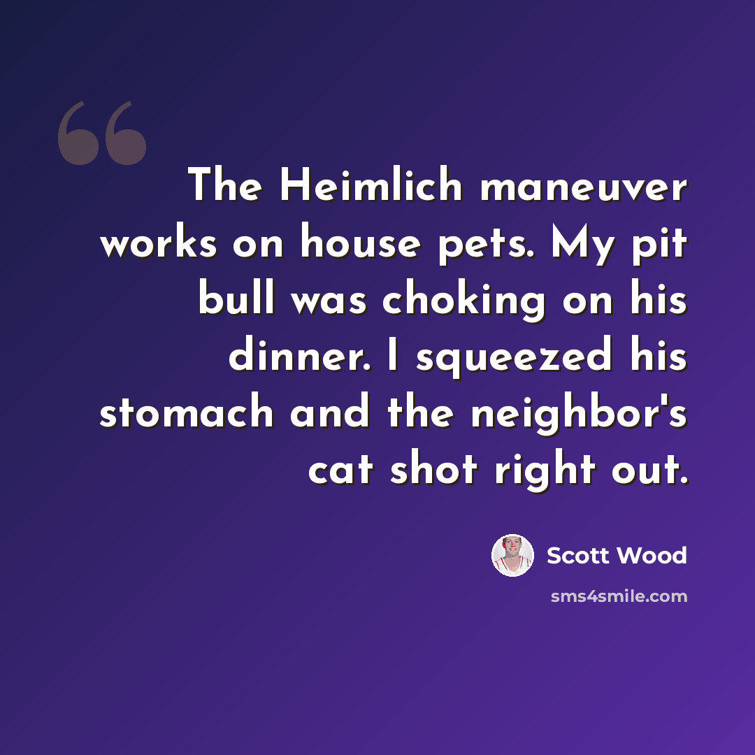 “The Heimlich maneuver works on house pets. My pit bull was choking on his dinner. I squeezed his stomach and the neighbor's cat shot right out.” quote by Scott Wood