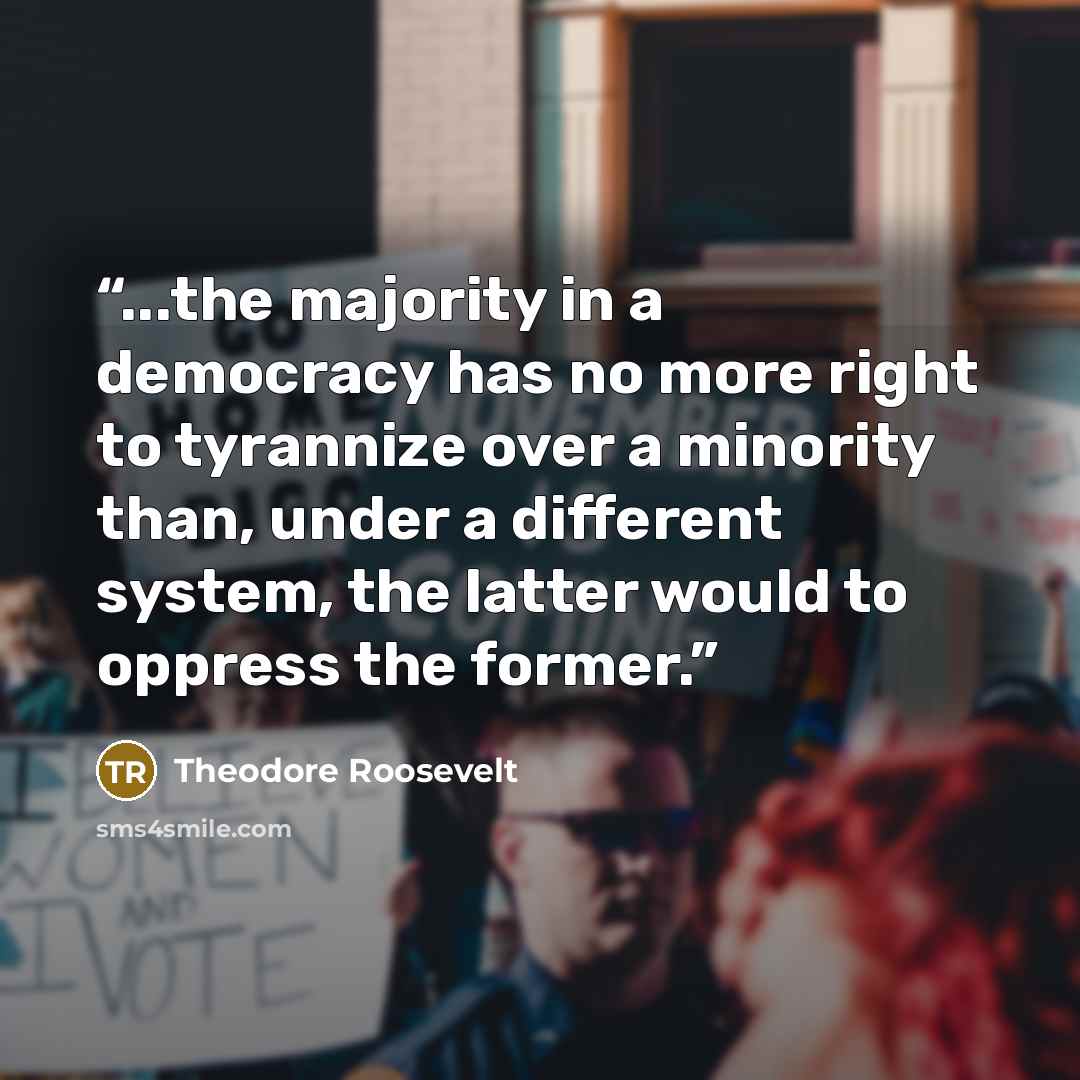 “...the majority in a democracy has no more right to tyrannize over a minority than, under a different system, the latter would to oppress the former.” quote by Theodore Roosevelt