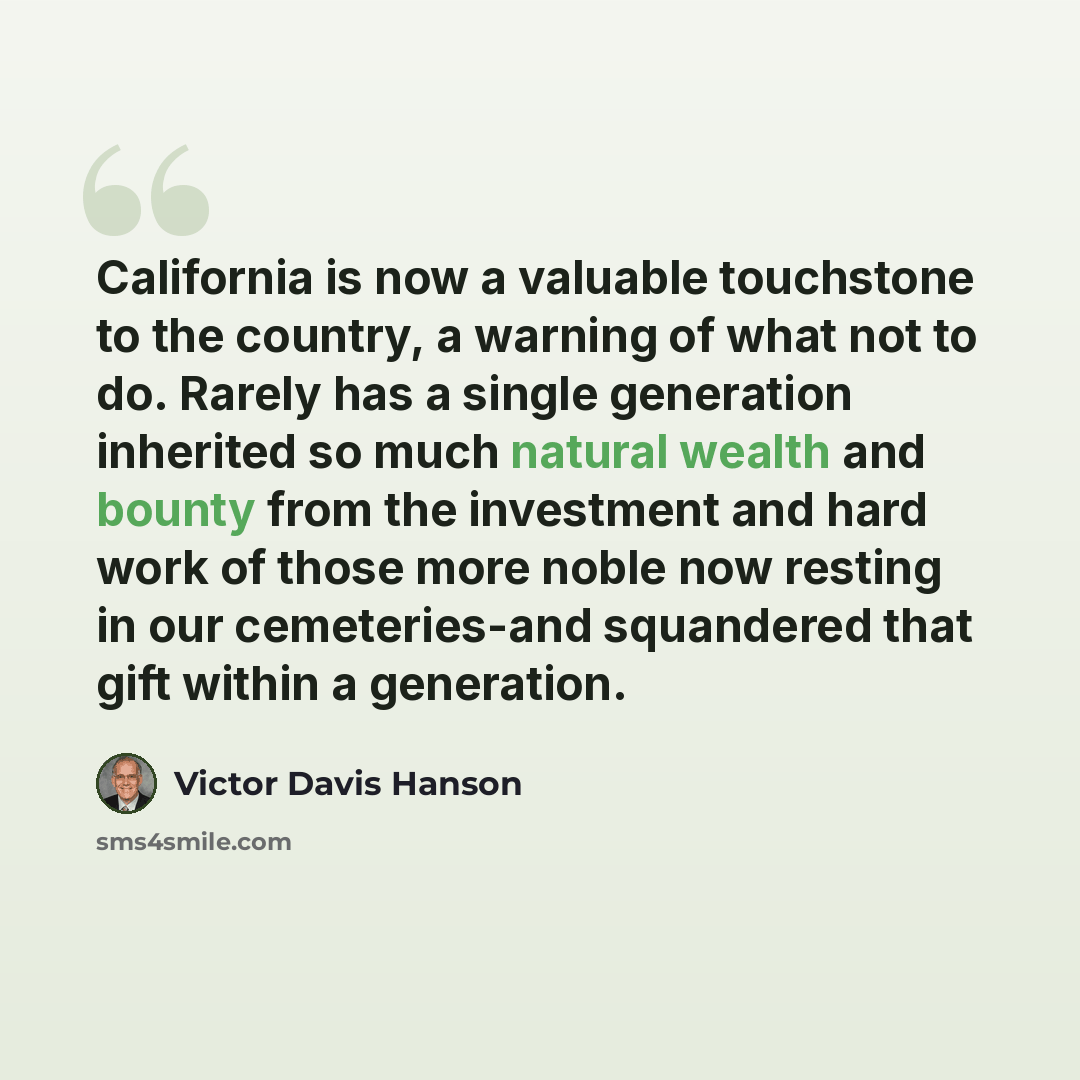 “California is now a valuable touchstone to the country, a warning of what not to do. Rarely has a single generation inherited so much natural wealth and bounty from the investment and hard work of those more noble now resting in our cemeteries-and squandered that gift within a generation.” quote by Victor Davis Hanson