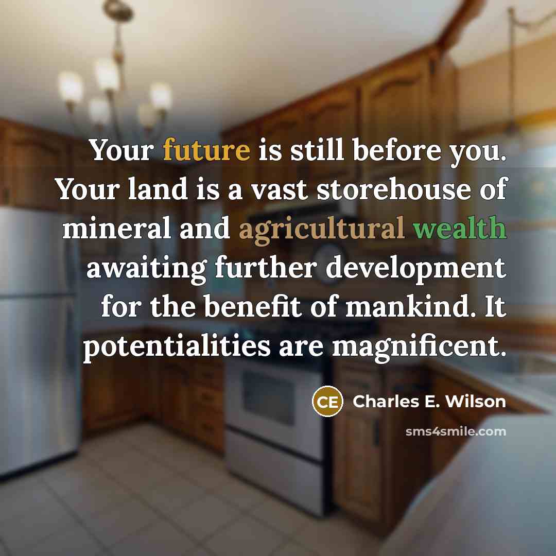 “Your future is still before you. Your land is a vast storehouse of mineral and agricultural wealth awaiting further development for the benefit of mankind. It potentialities are magnificent.” quote by Charles E. Wilson
