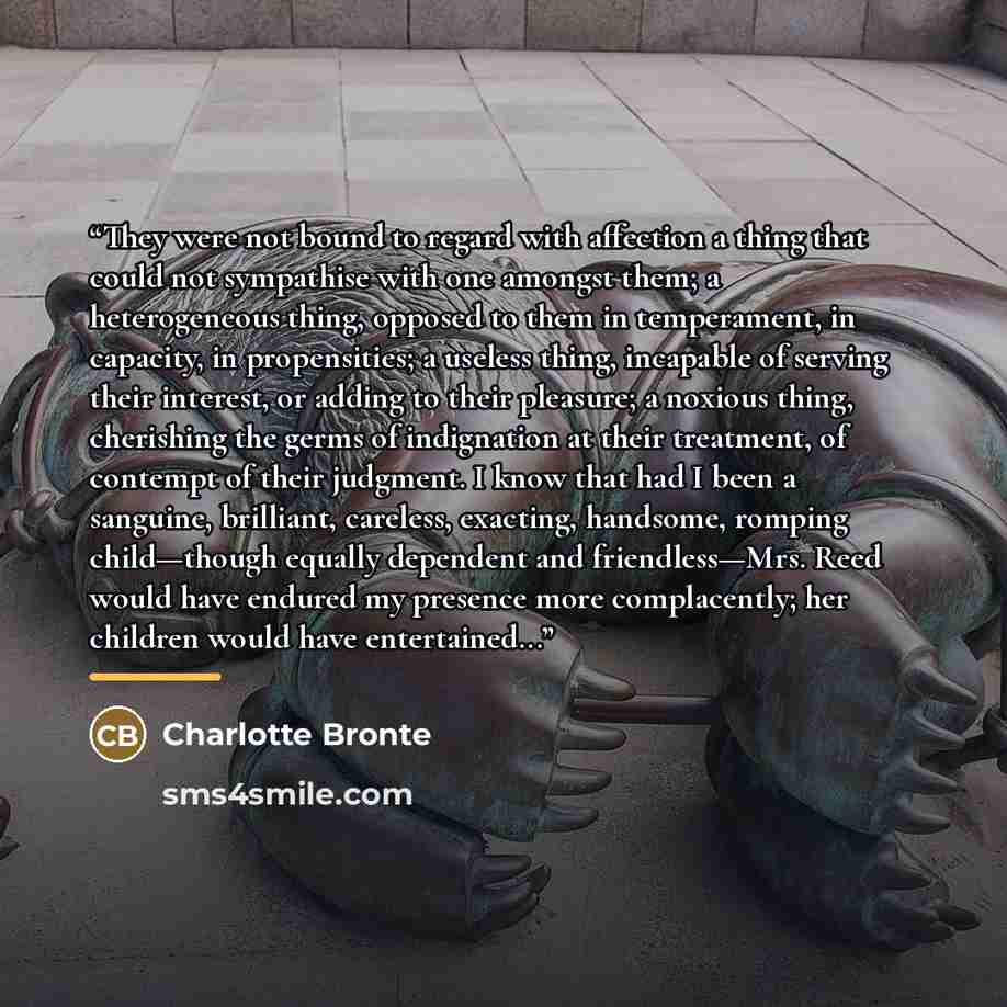 “They were not bound to regard with affection a thing that could not sympathise with one amongst them; a heterogeneous thing, opposed to them in temperament, in capacity, in propensities; a useless thing, incapable of serving their interest, or adding to their pleasure; a noxious thing, cherishing…” quote by Charlotte Brontë