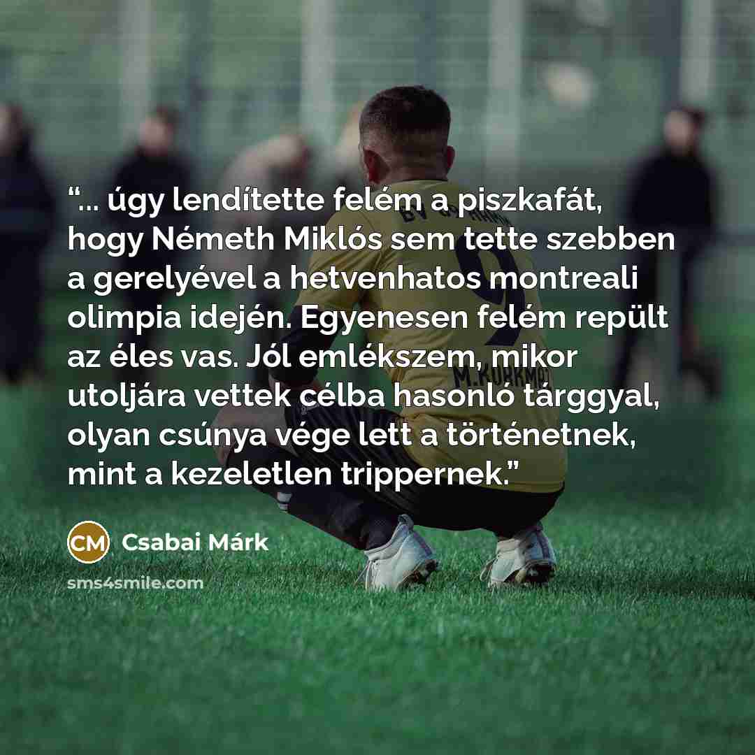 “... úgy lendítette felém a piszkafát, hogy Németh Miklós sem tette szebben a gerelyével a hetvenhatos montreali olimpia idején. Egyenesen felém repült az éles vas. Jól emlékszem, mikor utoljára vettek célba hasonló tárggyal, olyan csúnya vége lett a történetnek, mint a kezeletlen trippernek.” quote by Csabai Márk