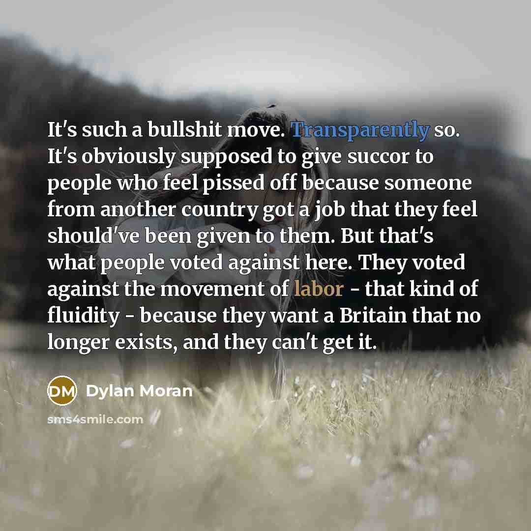 “It's such a bullshit move. Transparently so. It's obviously supposed to give succor to people who feel pissed off because someone from another country got a job that they feel should've been given to them. But that's what people voted against here. They voted against the movement of labor - that…” quote by Dylan Moran