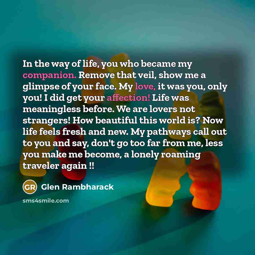 “In the way of life, you who became my companion. Remove that veil, show me a glimpse of your face. My love, it was you, only you! I did get your affection! Life was meaningless before. We are lovers not strangers! How beautiful this world is? Now life feels fresh and new. My pathways call out to…” quote by Glen Rambharack