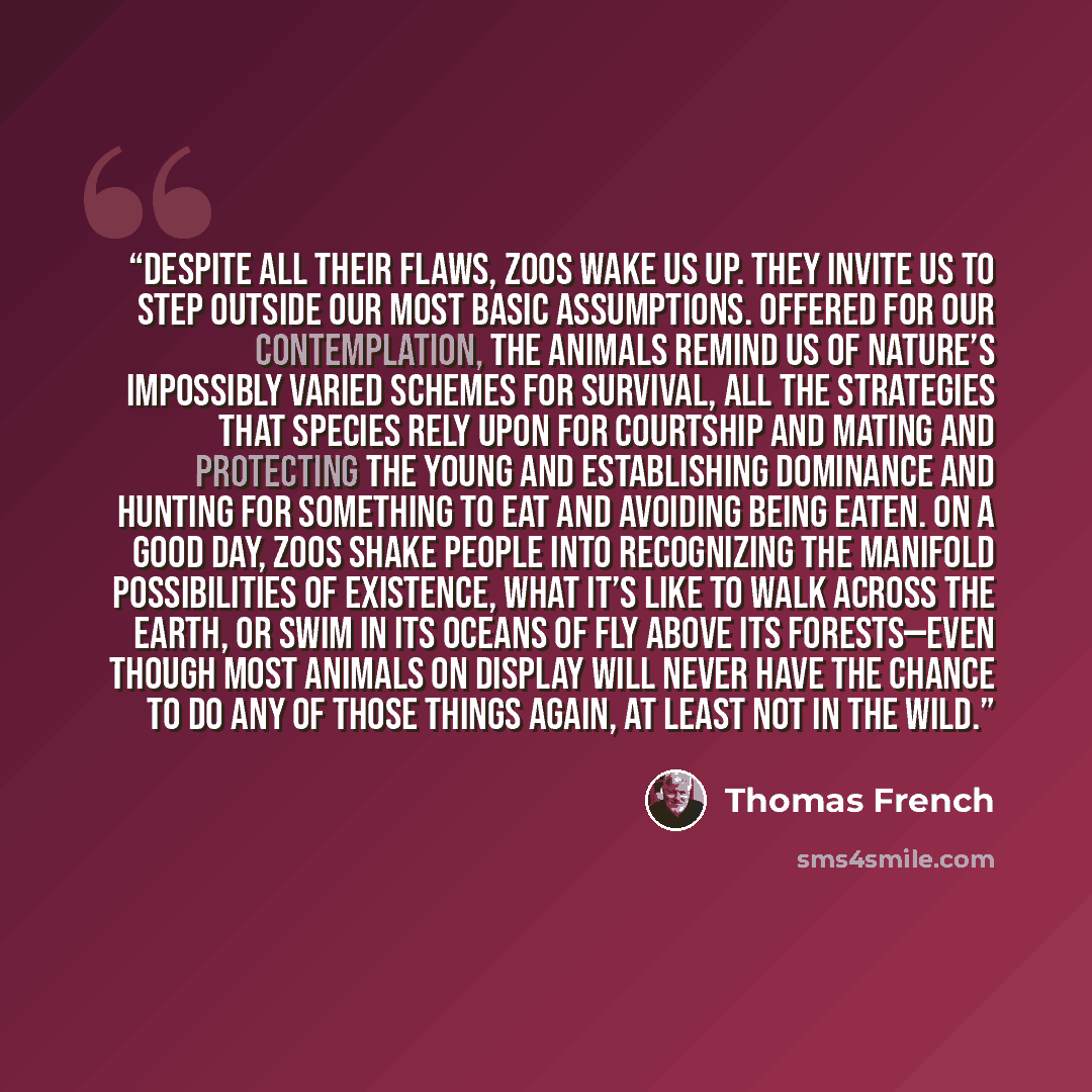 “Despite all their flaws, zoos wake us up. They invite us to step outside our most basic assumptions. Offered for our contemplation, the animals remind us of nature’s impossibly varied schemes for survival, all the strategies that species rely upon for courtship and mating and protecting the young…” quote by Thomas French