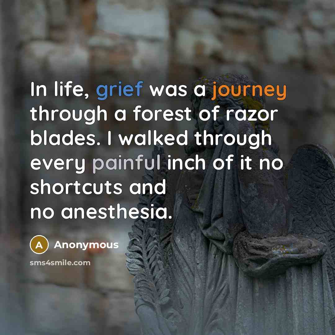 “In life, grief was a journey through a forest of razor blades. I walked through every painful inch of it no shortcuts and no anesthesia.” quote by Anonymous
