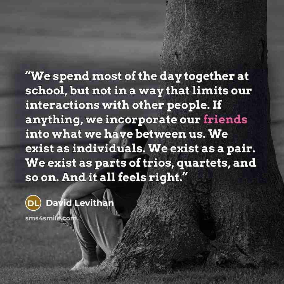 “We spend most of the day together at school, but not in a way that limits our interactions with other people. If anything, we incorporate our friends into what we have between us. We exist as individuals. We exist as a pair. We exist as parts of trios, quartets, and so on. And it all feels right.” quote by David Levithan