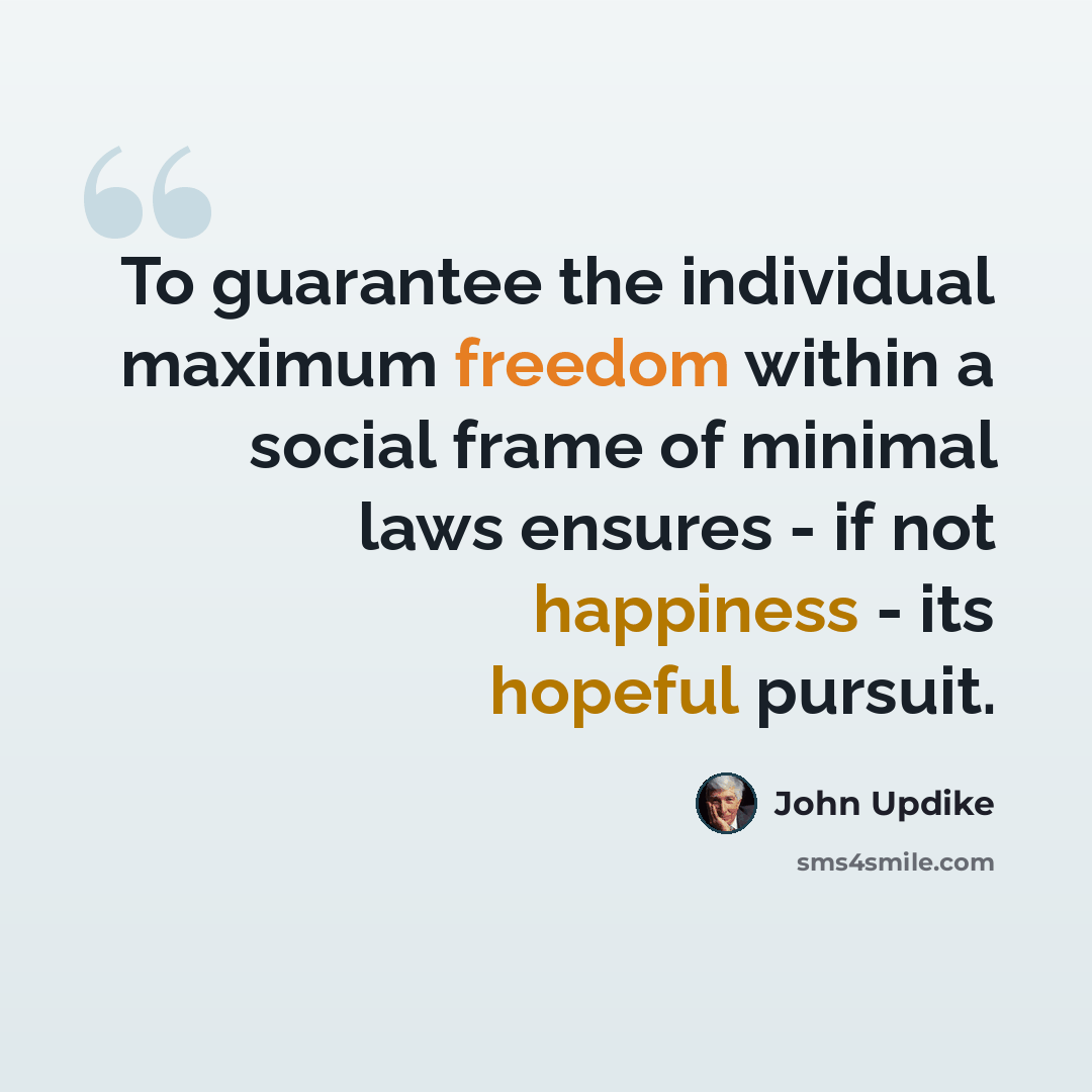 “To guarantee the individual maximum freedom within a social frame of minimal laws ensures - if not happiness - its hopeful pursuit.” quote by John Updike