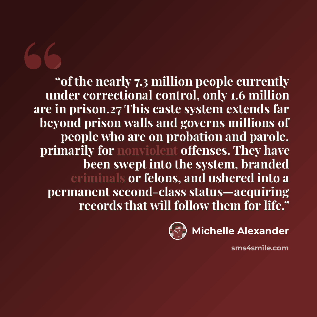 “of the nearly 7.3 million people currently under correctional control, only 1.6 million are in prison.27 This caste system extends far beyond prison walls and governs millions of people who are on probation and parole, primarily for nonviolent offenses. They have been swept into the system…” quote by Michelle Alexander