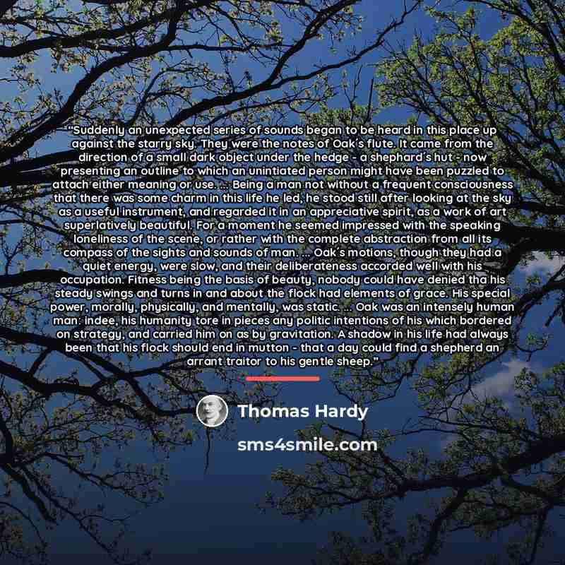 “Suddenly an unexpected series of sounds began to be heard in this place up against the starry sky. They were the notes of Oak´s flute. It came from the direction of a small dark object under the hedge - a shephard´s hut - now presenting an outline to which an unintiated person might have been…” quote by Thomas Hardy
