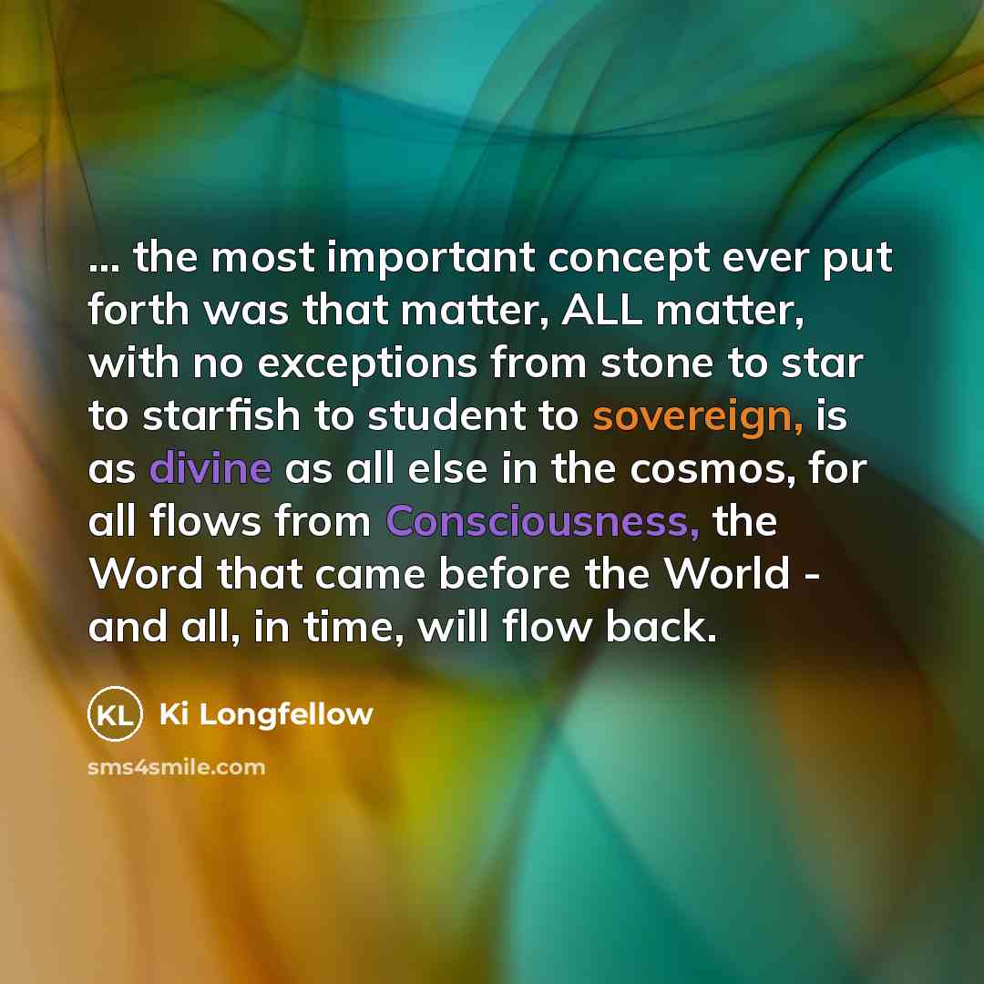 “... the most important concept ever put forth was that matter, ALL matter, with no exceptions from stone to star to starfish to student to sovereign, is as divine as all else in the cosmos, for all flows from Consciousness, the Word that came before the World - and all, in time, will flow back.” quote by Ki Longfellow