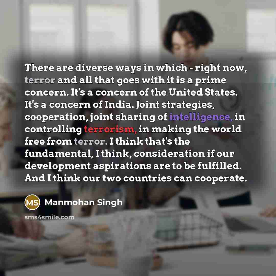 “There are diverse ways in which - right now, terror and all that goes with it is a prime concern. It's a concern of the United States. It's a concern of India. Joint strategies, cooperation, joint sharing of intelligence, in controlling terrorism, in making the world free from terror. I think…” quote by Manmohan Singh
