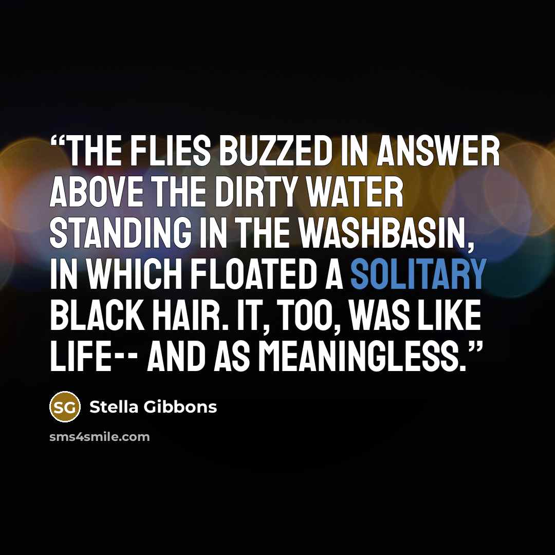 “The flies buzzed in answer above the dirty water standing in the washbasin, in which floated a solitary black hair. It, too, was like life-- and as meaningless.” quote by Stella Gibbons