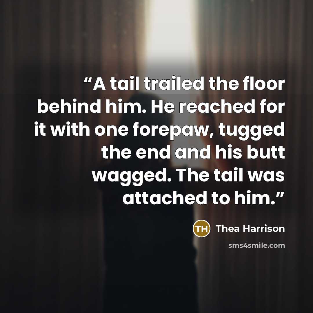 “A tail trailed the floor behind him. He reached for it with one forepaw, tugged the end and his butt wagged. The tail was attached to him.” quote by Thea Harrison