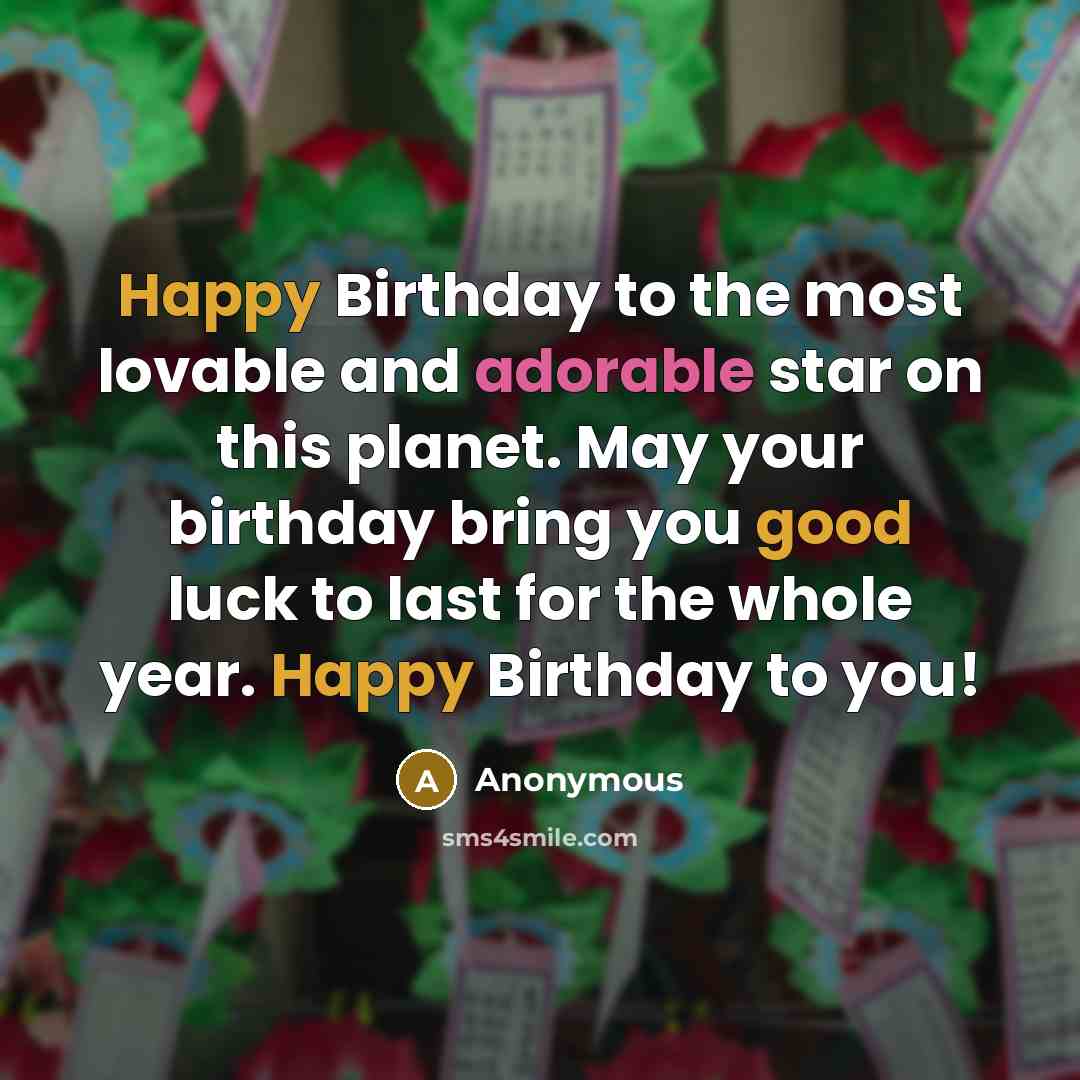 “Happy Birthday to the most lovable and adorable star on this planet. May your birthday bring you good luck to last for the whole year. Happy Birthday to you!” quote by Anonymous