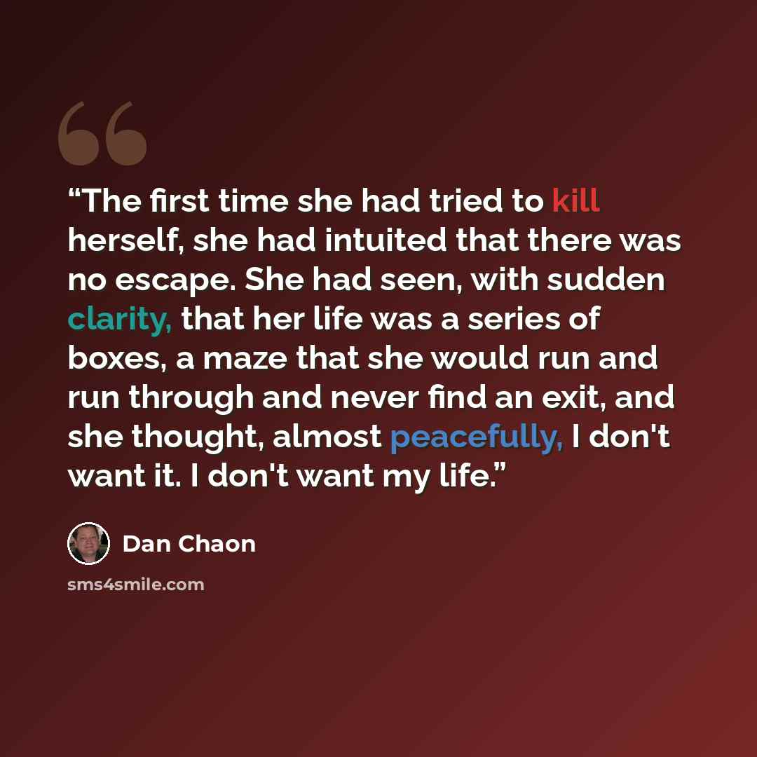 “The first time she had tried to kill herself, she had intuited that there was no escape. She had seen, with sudden clarity, that her life was a series of boxes, a maze that she would run and run through and never find an exit, and she thought, almost peacefully, I don't want it. I don't want my…” quote by Dan Chaon