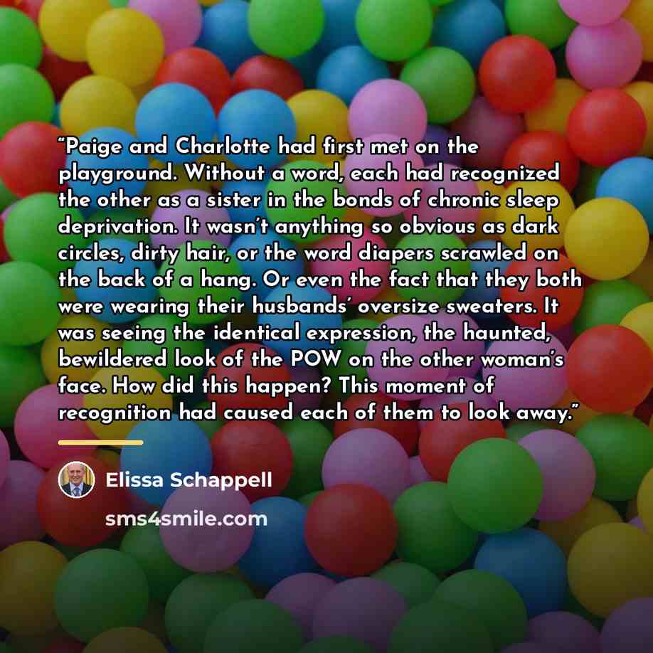 “Paige and Charlotte had first met on the playground. Without a word, each had recognized the other as a sister in the bonds of chronic sleep deprivation. It wasn’t anything so obvious as dark circles, dirty hair, or the word diapers scrawled on the back of a hang. Or even the fact that they both…” quote by Elissa Schappell