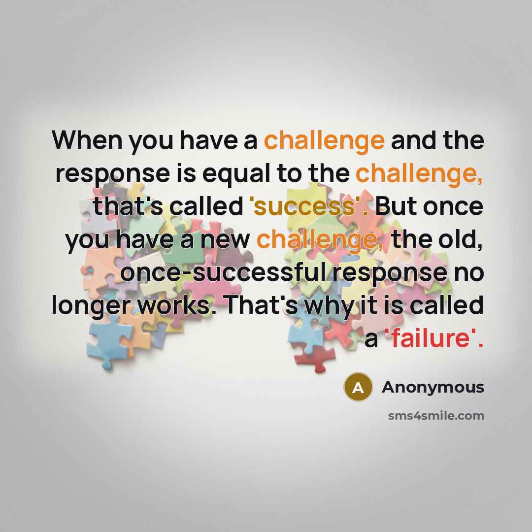 “When you have a challenge and the response is equal to the challenge, that's called 'success'. But once you have a new challenge, the old, once-successful response no longer works. That's why it is called a 'failure'.” quote by Anonymous