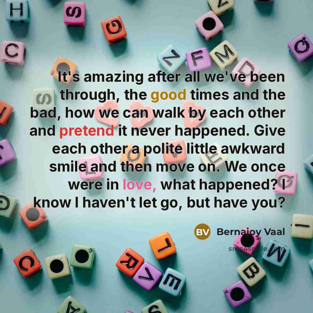 “It's amazing after all we've been through, the good times and the bad, how we can walk by each other and pretend it never happened. Give each other a polite little awkward smile and then move on. We once were in love, what happened? I know I haven't let go, but have you?” quote by Bernajoy Vaal