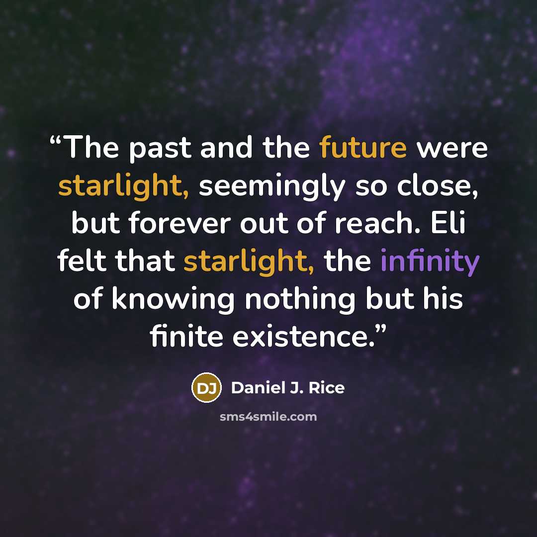 “The past and the future were starlight, seemingly so close, but forever out of reach. Eli felt that starlight, the infinity of knowing nothing but his finite existence.” quote by Daniel J. Rice