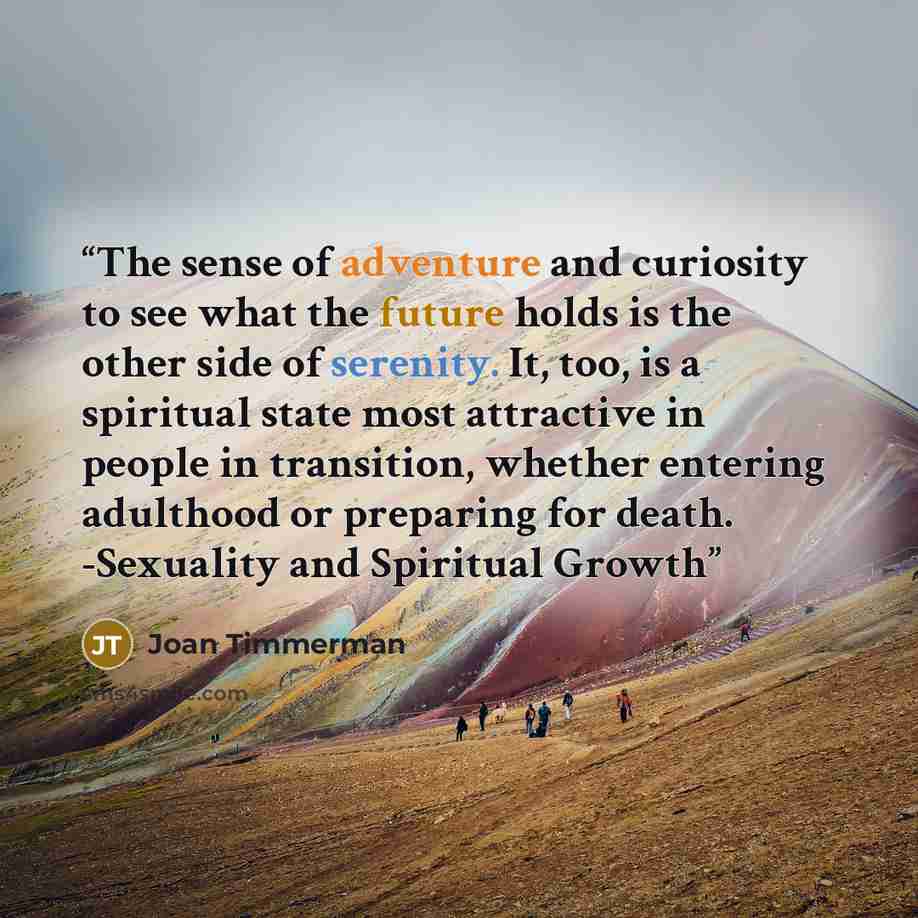 “The sense of adventure and curiosity to see what the future holds is the other side of serenity. It, too, is a spiritual state most attractive in people in transition, whether entering adulthood or preparing for death. -Sexuality and Spiritual Growth” quote by Joan Timmerman