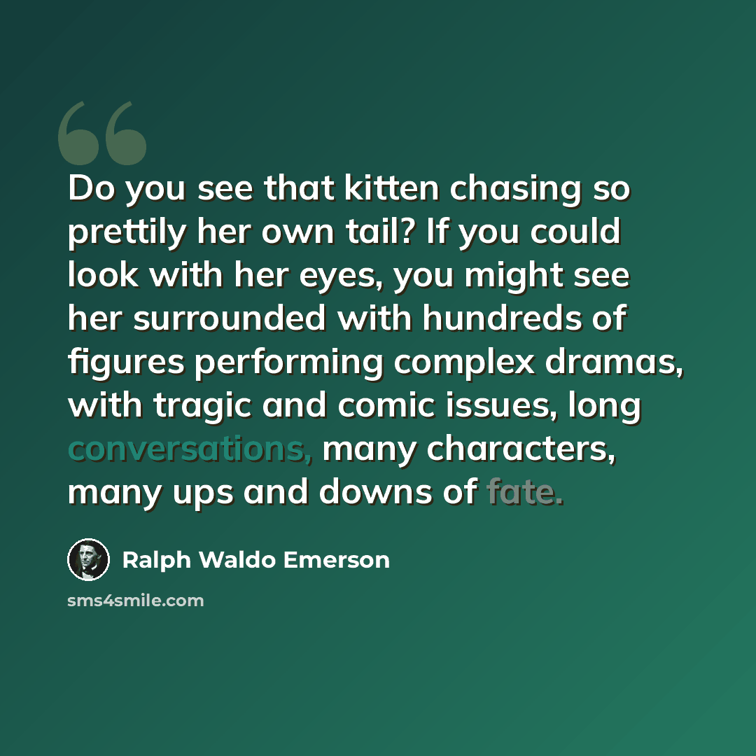 “Do you see that kitten chasing so prettily her own tail? If you could look with her eyes, you might see her surrounded with hundreds of figures performing complex dramas, with tragic and comic issues, long conversations, many characters, many ups and downs of fate.” quote by Ralph Waldo Emerson