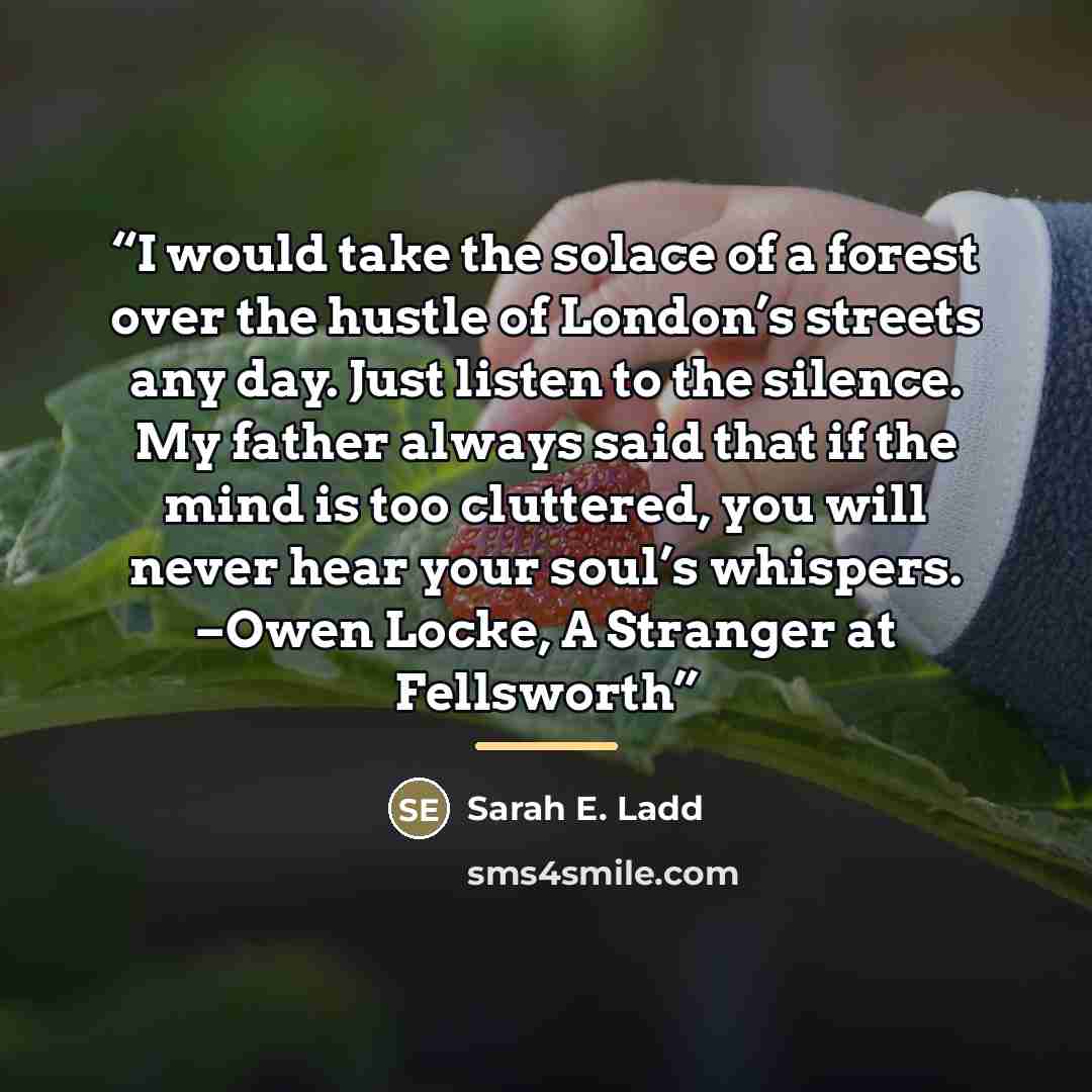 “I would take the solace of a forest over the hustle of London’s streets any day. Just listen to the silence. My father always said that if the mind is too cluttered, you will never hear your soul’s whispers. –Owen Locke, A Stranger at Fellsworth” quote by Sarah E. Ladd