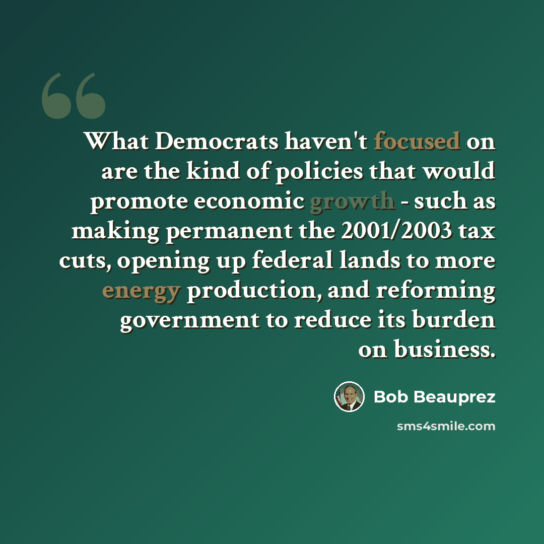 “What Democrats haven't focused on are the kind of policies that would promote economic growth - such as making permanent the 2001/2003 tax cuts, opening up federal lands to more energy production, and reforming government to reduce its burden on business.” quote by Bob Beauprez