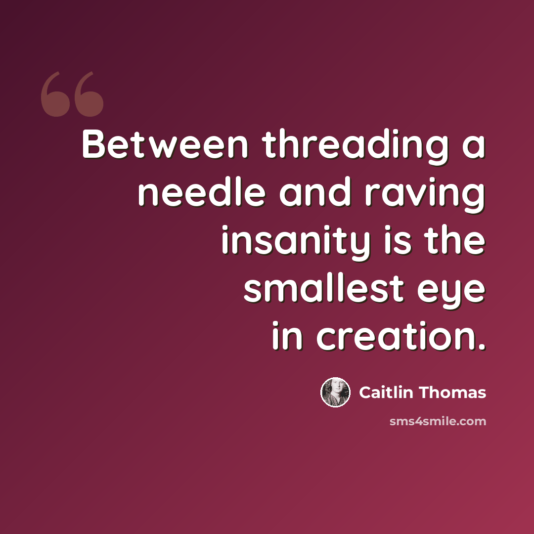 “Between threading a needle and raving insanity is the smallest eye in creation.” quote by Caitlin Thomas