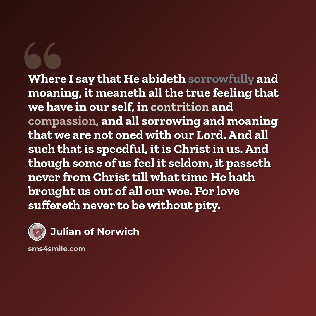 “Where I say that He abideth sorrowfully and moaning, it meaneth all the true feeling that we have in our self, in contrition and compassion, and all sorrowing and moaning that we are not oned with our Lord. And all such that is speedful, it is Christ in us. And though some of us feel it seldom, it…” quote by Julian of Norwich