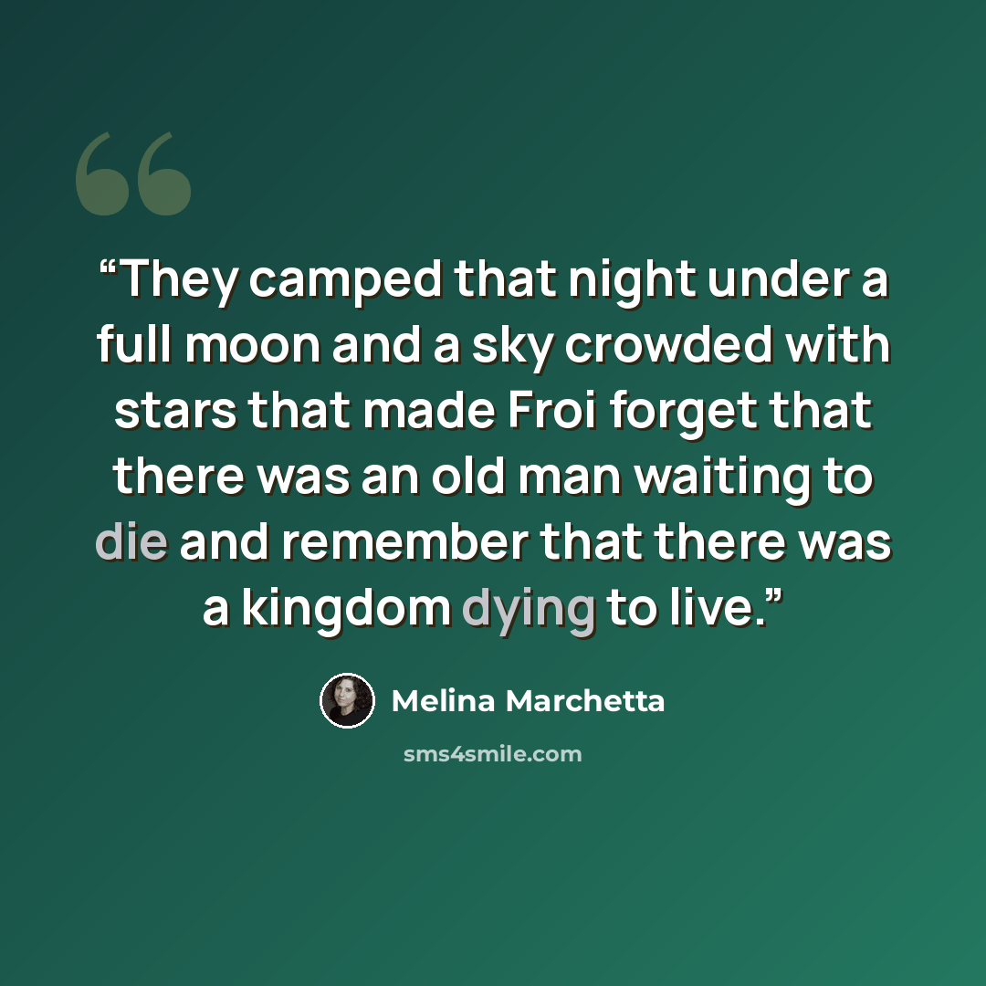“They camped that night under a full moon and a sky crowded with stars that made Froi forget that there was an old man waiting to die and remember that there was a kingdom dying to live.” quote by Melina Marchetta
