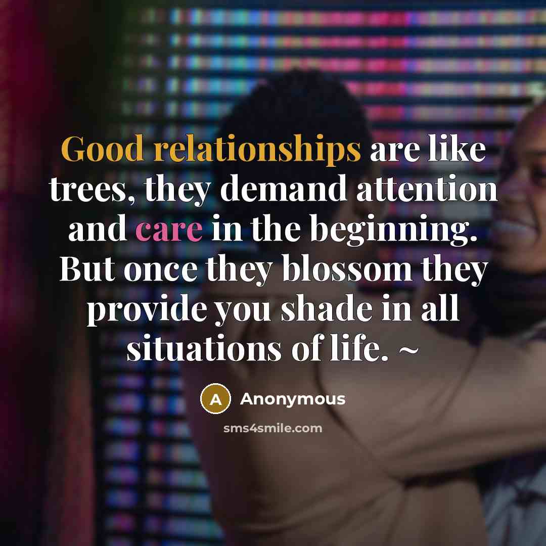 “Good relationships are like trees, they demand attention and care in the beginning. But once they blossom they provide you shade in all situations of life. ~” quote by Anonymous