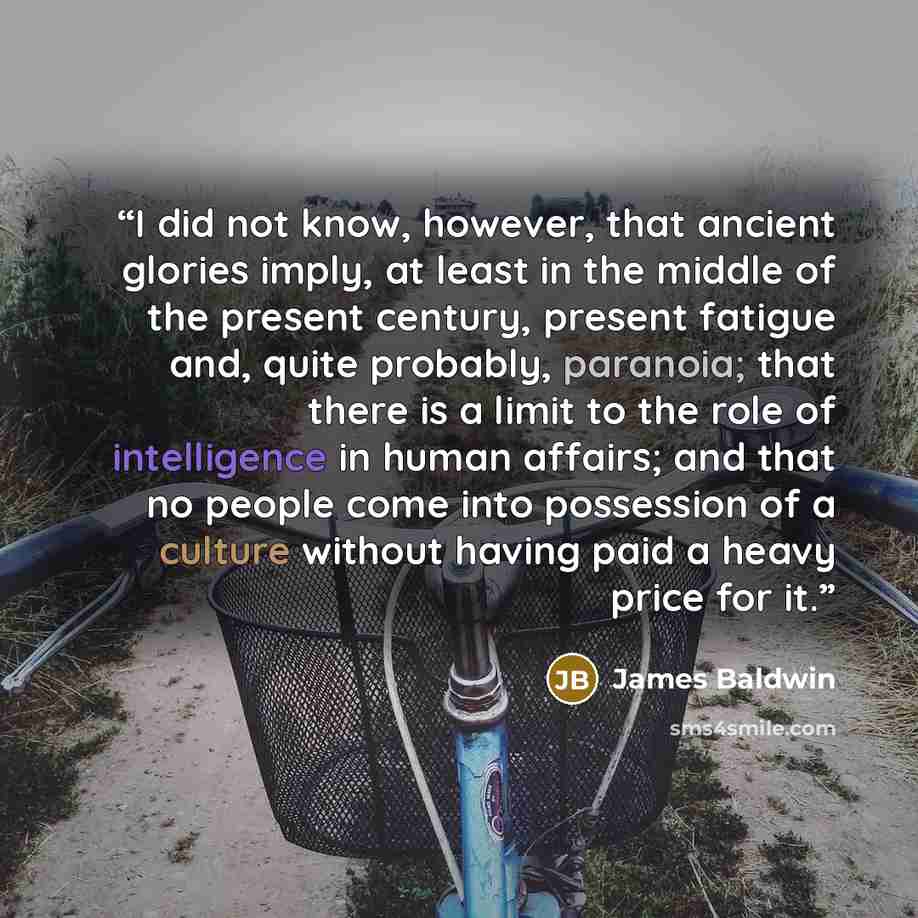 “I did not know, however, that ancient glories imply, at least in the middle of the present century, present fatigue and, quite probably, paranoia; that there is a limit to the role of intelligence in human affairs; and that no people come into possession of a culture without having paid a heavy…” quote by James Baldwin