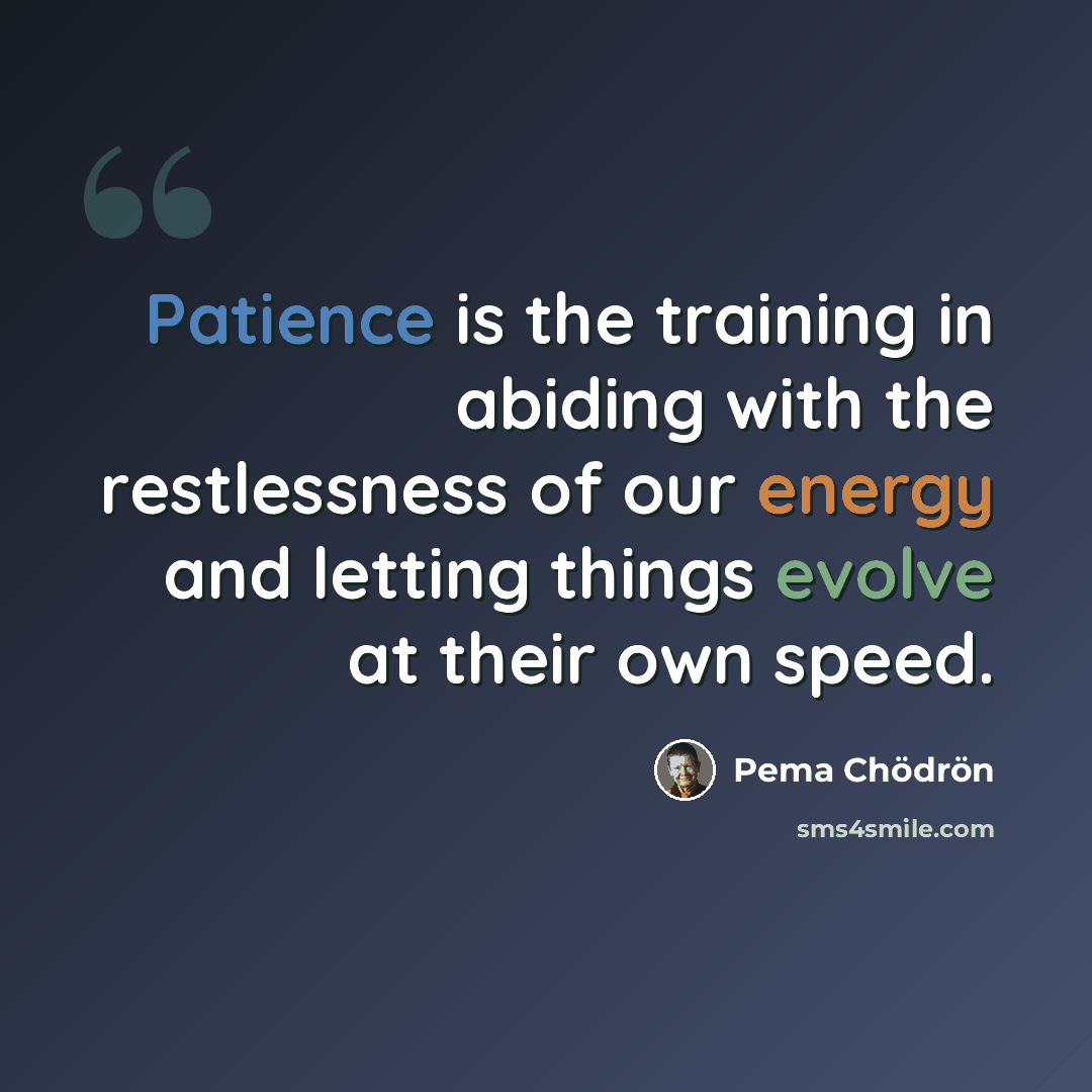 “Patience is the training in abiding with the restlessness of our energy and letting things evolve at their own speed.” quote by Pema Chodron
