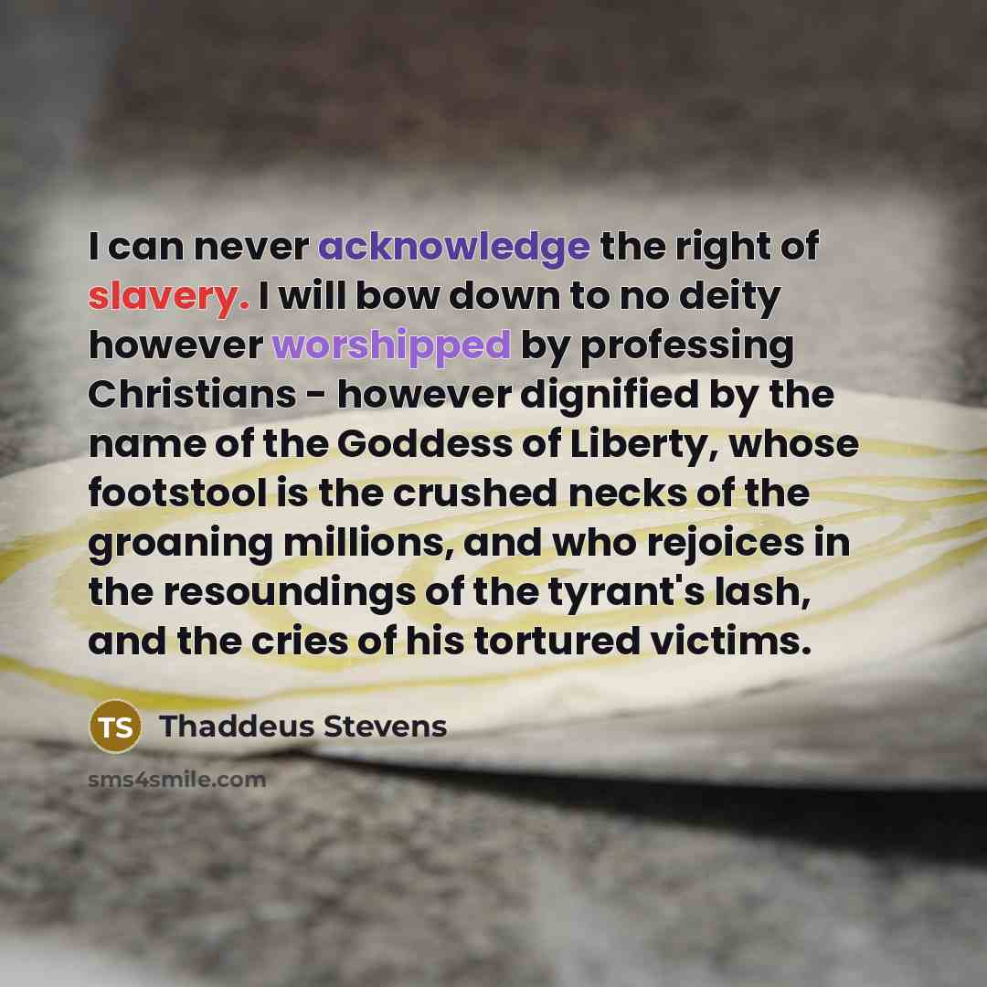 “I can never acknowledge the right of slavery. I will bow down to no deity however worshipped by professing Christians - however dignified by the name of the Goddess of Liberty, whose footstool is the crushed necks of the groaning millions, and who rejoices in the resoundings of the tyrant's lash…” quote by Thaddeus Stevens